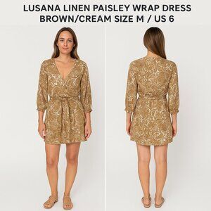 Lusana 100 % Linen Paisley Wrap Dress in Brown and Cream Size Medium